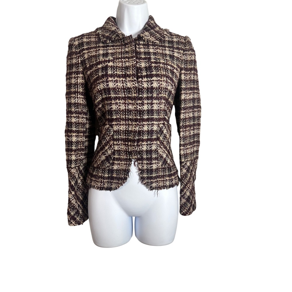 LAVIA 18 Italy Burgundy Cream Plaid Tweed Frayed Edge Snap Front Jacket Sz 42